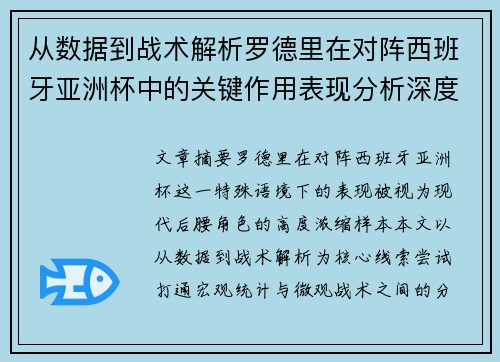 从数据到战术解析罗德里在对阵西班牙亚洲杯中的关键作用表现分析深度